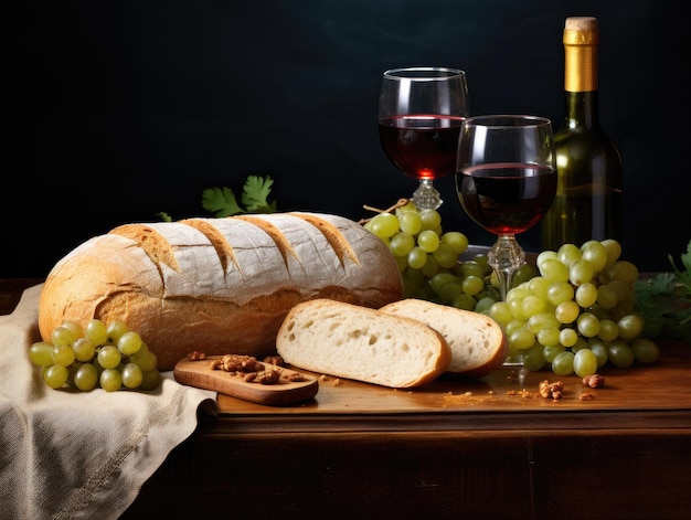 a bread and grapes on a table