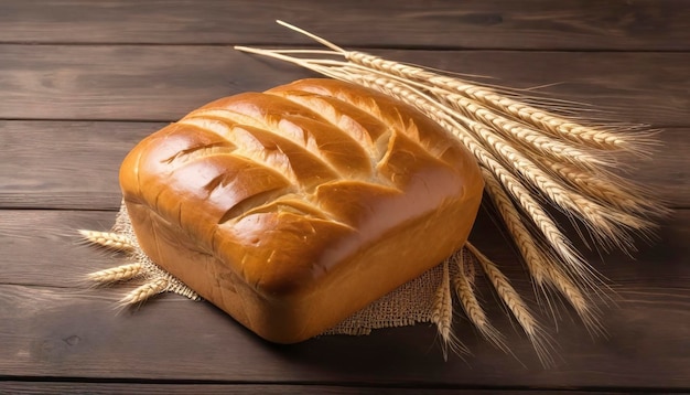 Photo bread loaf and wheat ears on wooden background