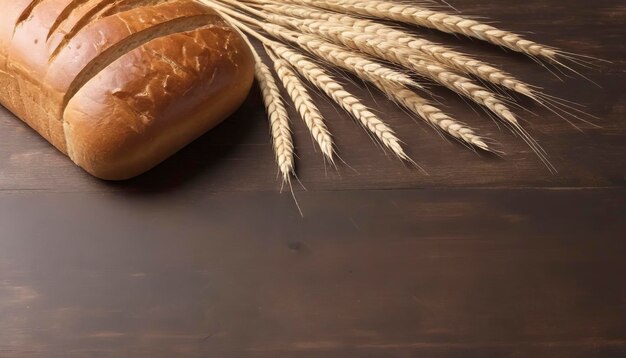 bread loaf and wheat ears on wooden background