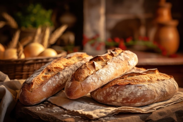 빵 덩어리 클로즈업 보기 신선한 구운 빵 전통 빵집 배경 Generative AI