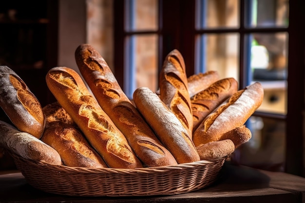 Bread loaves close up view Fresh baked bread traditional bakery background Generative AI