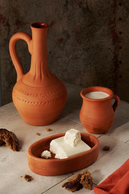 Bread milk cheese in pottery