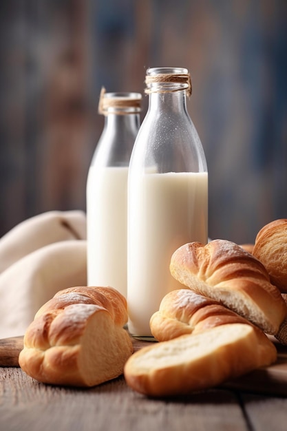 Bread and milk in a glass bottle