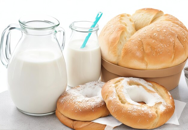 Bread and milk in a jug on an old background