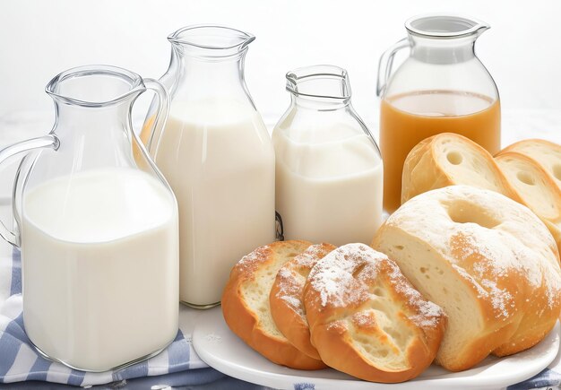 Bread and milk in a jug on an old background