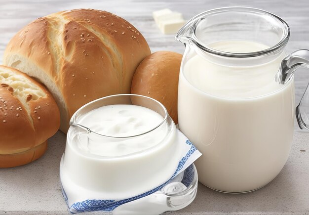 Bread and milk in a jug on an old background