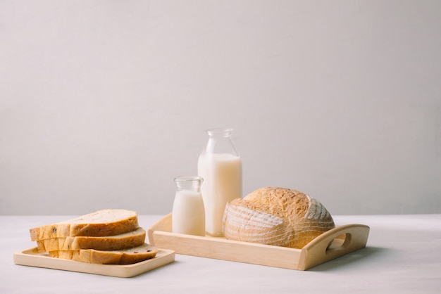 Bread and milk on the table