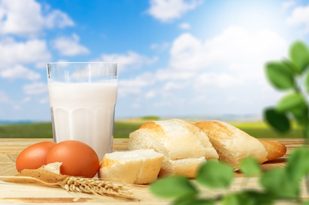 Bread and milk on the table