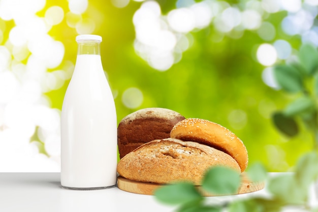 Bread and milk on the table