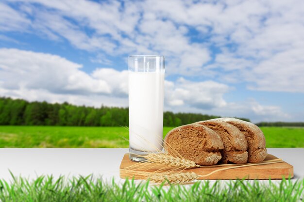 Bread and milk on the table