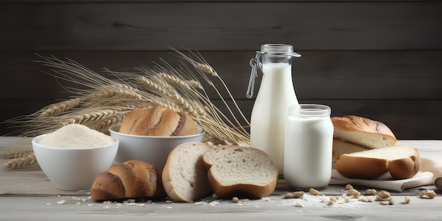 Bread milk and a wheat on a wooden table Concept of the Israeli holiday Shavuot Generated with AI