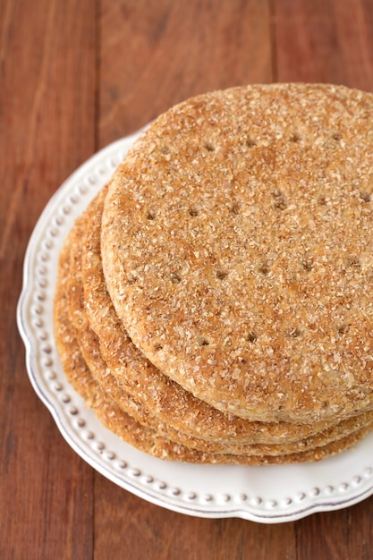 Bread on plate on brown background