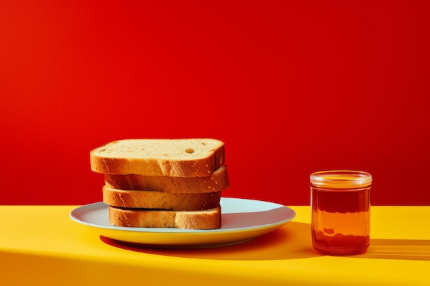 Bread on a plate on a red background