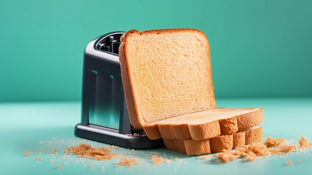 Bread popping up of toaster on mint green background