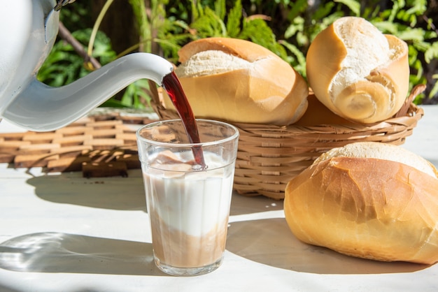 bread, a pot serving coffee in an American glass of milk