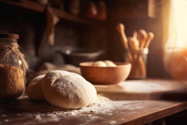 Bread preparation hands kneading dough on table closeup Generative AI