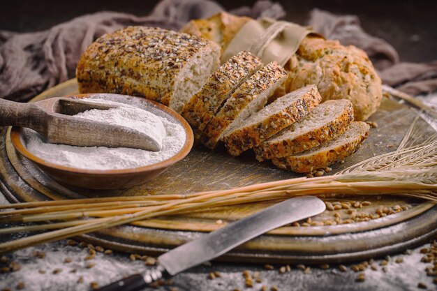 Photo bread products on the table in composition