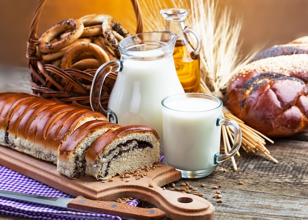 Bread products on the table in composition