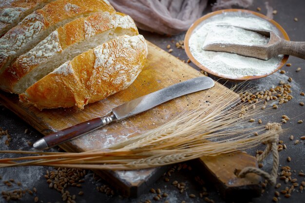 Bread products on the table in composition