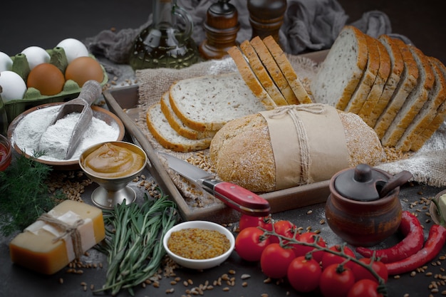 Bread products on the table in composition