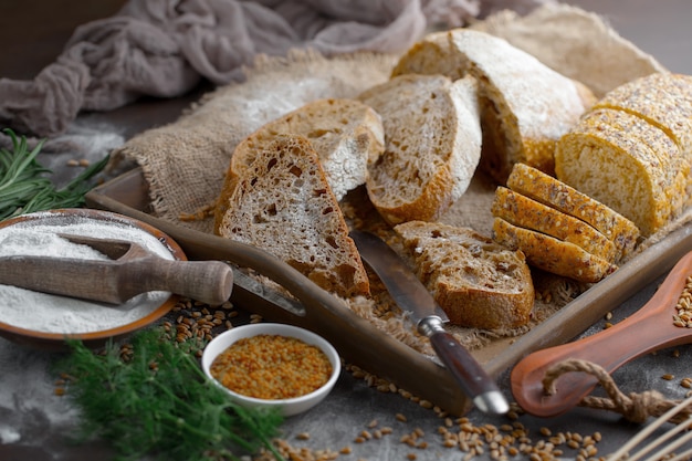 Bread products on the table in composition