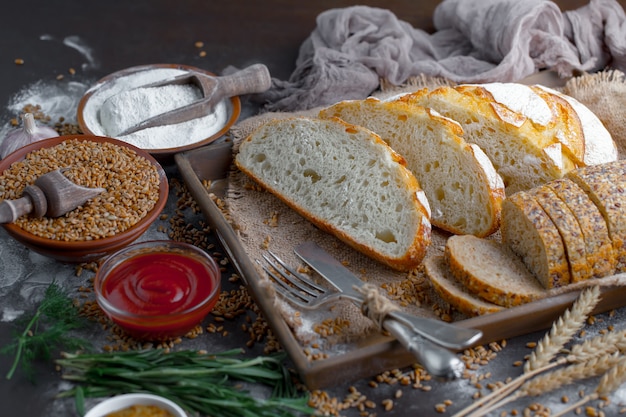 Bread products on the table in composition