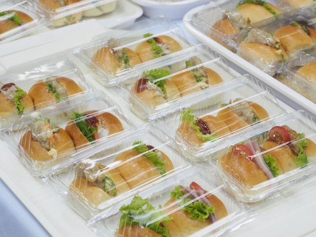 Bread,  Salad and pork pack in plastic box,  for meeting break.