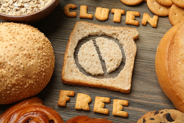 Bread slice with Gluten Free text on wooden table