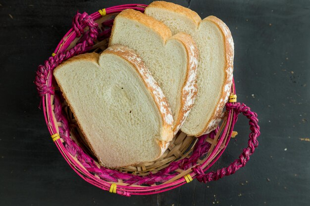 Bread slices in a wicker basket on a table