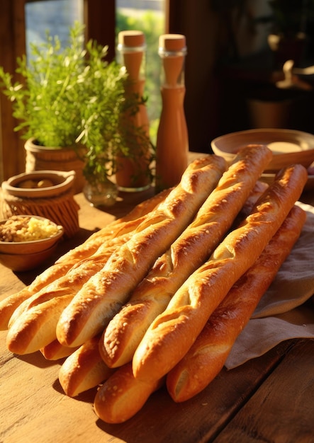 Bread sticks on the kitchen table in sunny day Generative AI