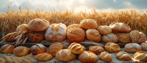 Bread on table in wheat field Freshly baked buns and rolls on tablecloth in wheat field