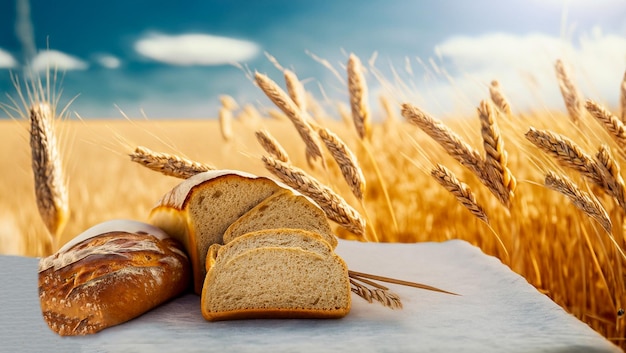 Bread on the table and wheat in the field of wheat and sunny day generative Ai