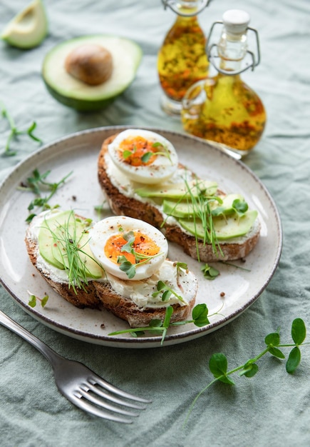 Bread toast boiled eggs avocado slice microgreens on a plate