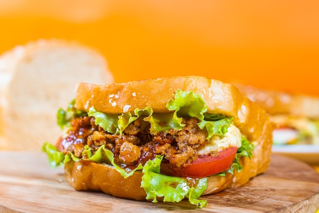 Bread Toast with chicken black pepper and special souse BBQ