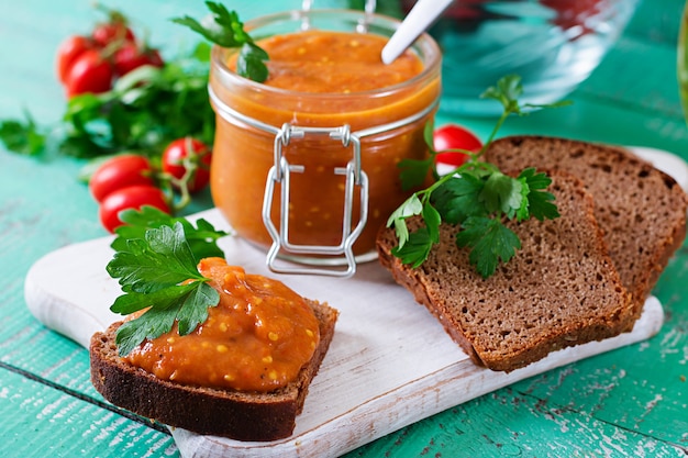 Bread toasts with eggplant caviar. Vegan meal. Healthy vegetarian food