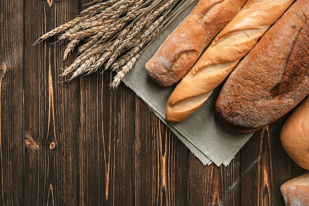 Bread and wheat. bakery background.