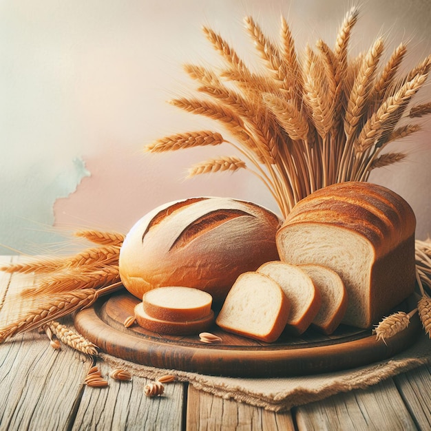 Bread and wheat ears on the kitchen on the wooden table