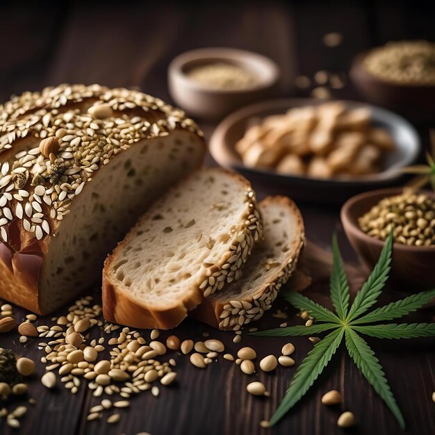 Photo bread and wheat on a wooden table with a bunch of seeds on it