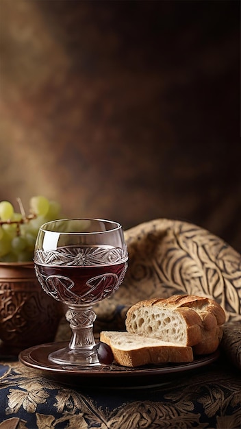 Bread wine and grapes for religious ceremony with medieval theme