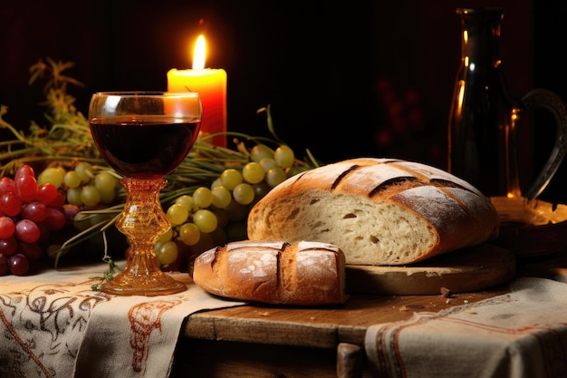 a bread and wine on a table