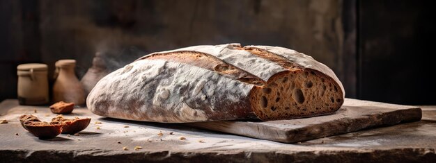 a bread with crisp crust on stone slab