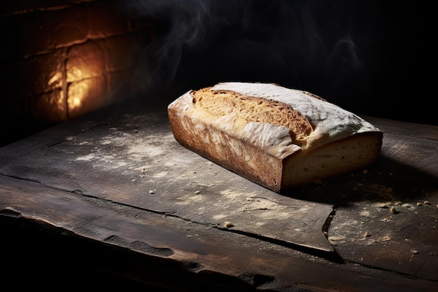 a bread with crisp crust on stone slab