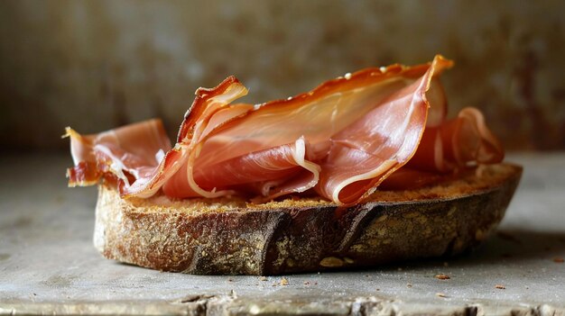 Photo bread with ham on it sits on a table