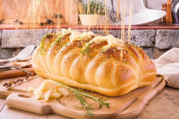 Bread with herbs and cheese on a cutting board