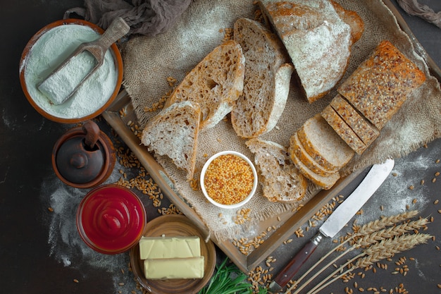 Bread with kitchen accessories on the table