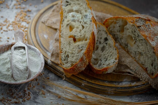 Bread with kitchen accessories on the table