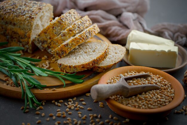 Bread with kitchen accessories on the table