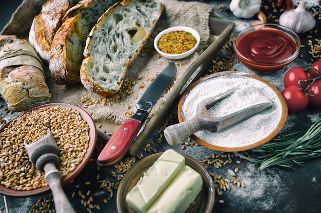 Bread with kitchen accessories on the table