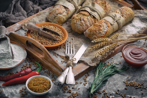 Bread with kitchen accessories on the table