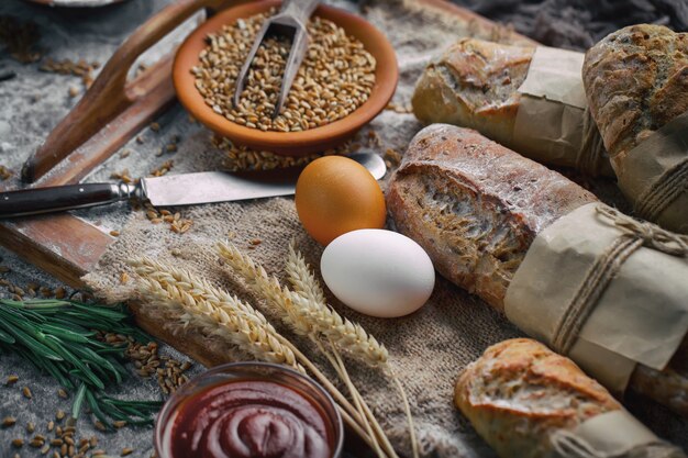 Bread with kitchen accessories on the table